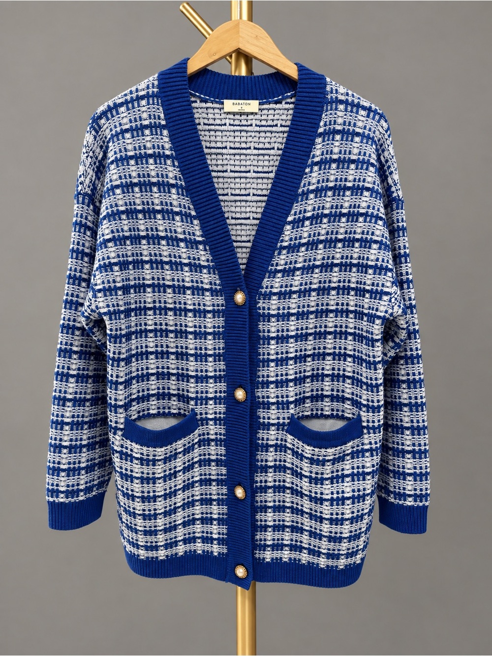 Aritzia Babaton Lacer Cardigan 100% Merino Wool Blue White Size S